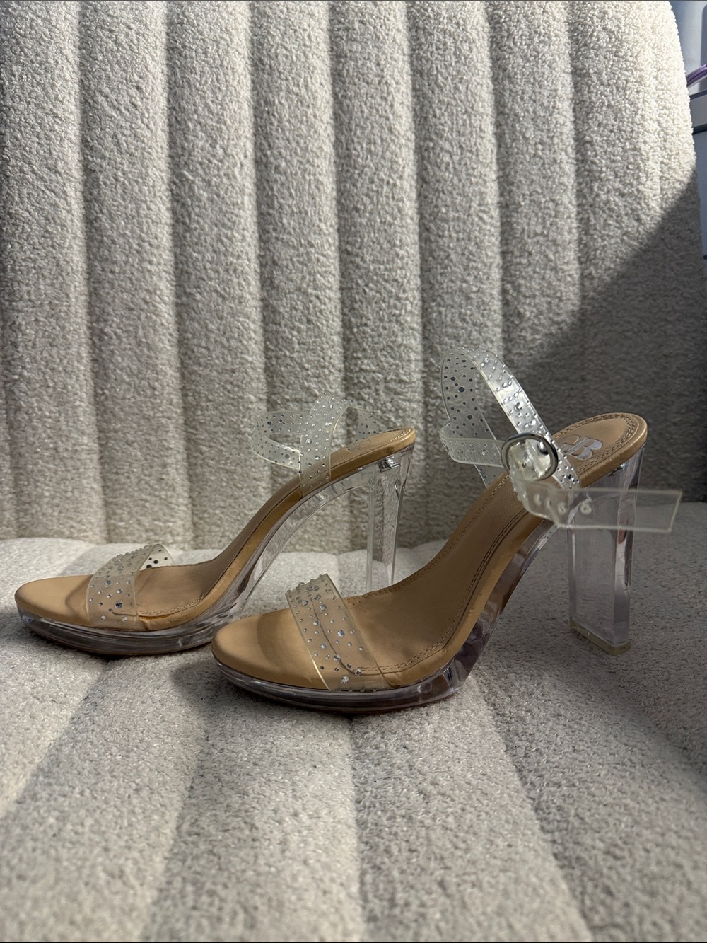 Macy's Clear Studded High Heel Sandals with Nude Footbed